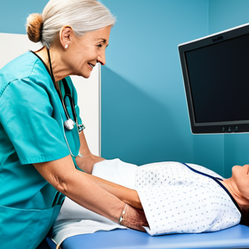 Home 14 A professional radiographer, fully clothed in a clean medical scrub uniform, gently reassuring an elderly female patient who is modestly dressed in comfortable attire, lying on an examination table in a modern, sterile X-ray room. The radiographer holds the patient's hand with empathy, showing a compassionate expression. The background is clean and well-lit, with subtle, professional medical equipment visible. This image emphasizes trust, human connection, and patient comfort. Perfect anatomy, correct proportions, natural pose, well-formed hands, proper finger count, natural body proportions, professional photography, high quality, safe for work, appropriate content, fully clothed, modest clothing, family-friendly.
