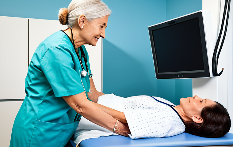 A professional radiographer, fully clothed in a clean medical scrub uniform, gently reassuring an elderly female patient who is modestly dressed in comfortable attire, lying on an examination table in a modern, sterile X-ray room. The radiographer holds the patient's hand with empathy, showing a compassionate expression. The background is clean and well-lit, with subtle, professional medical equipment visible. This image emphasizes trust, human connection, and patient comfort. Perfect anatomy, correct proportions, natural pose, well-formed hands, proper finger count, natural body proportions, professional photography, high quality, safe for work, appropriate content, fully clothed, modest clothing, family-friendly.