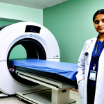 A professional radiographer in a modest, clean medical scrub and a white lab coat, standing confidently beside a cutting-edge 3T MRI scanner in a brightly lit, modern multi-specialty hospital imaging suite in a bustling Indian metropolitan city. The high-tech environment features sleek design, digital displays showing complex medical images, and an atmosphere of advanced diagnostic precision. The radiographer exhibits a focused and highly skilled demeanor. Fully clothed, appropriate attire, safe for work, appropriate content, professional, perfect anatomy, correct proportions, natural pose, well-formed hands, proper finger count, natural body proportions.