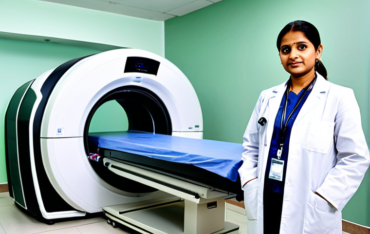 A professional radiographer in a modest, clean medical scrub and a white lab coat, standing confidently beside a cutting-edge 3T MRI scanner in a brightly lit, modern multi-specialty hospital imaging suite in a bustling Indian metropolitan city. The high-tech environment features sleek design, digital displays showing complex medical images, and an atmosphere of advanced diagnostic precision. The radiographer exhibits a focused and highly skilled demeanor. Fully clothed, appropriate attire, safe for work, appropriate content, professional, perfect anatomy, correct proportions, natural pose, well-formed hands, proper finger count, natural body proportions.