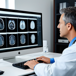 "A professional Radiologist working from a modern home office, reviewing medical images on a high-resolution monitor, fully clothed, appropriate attire, PACS system visible, safe for work, perfect anatomy, natural proportions, professional, family-friendly."
