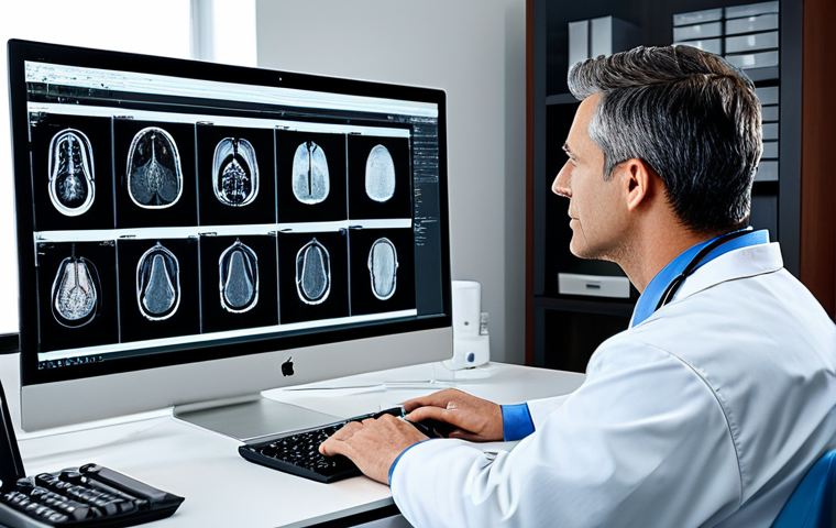 "A professional Radiologist working from a modern home office, reviewing medical images on a high-resolution monitor, fully clothed, appropriate attire, PACS system visible, safe for work, perfect anatomy, natural proportions, professional, family-friendly."