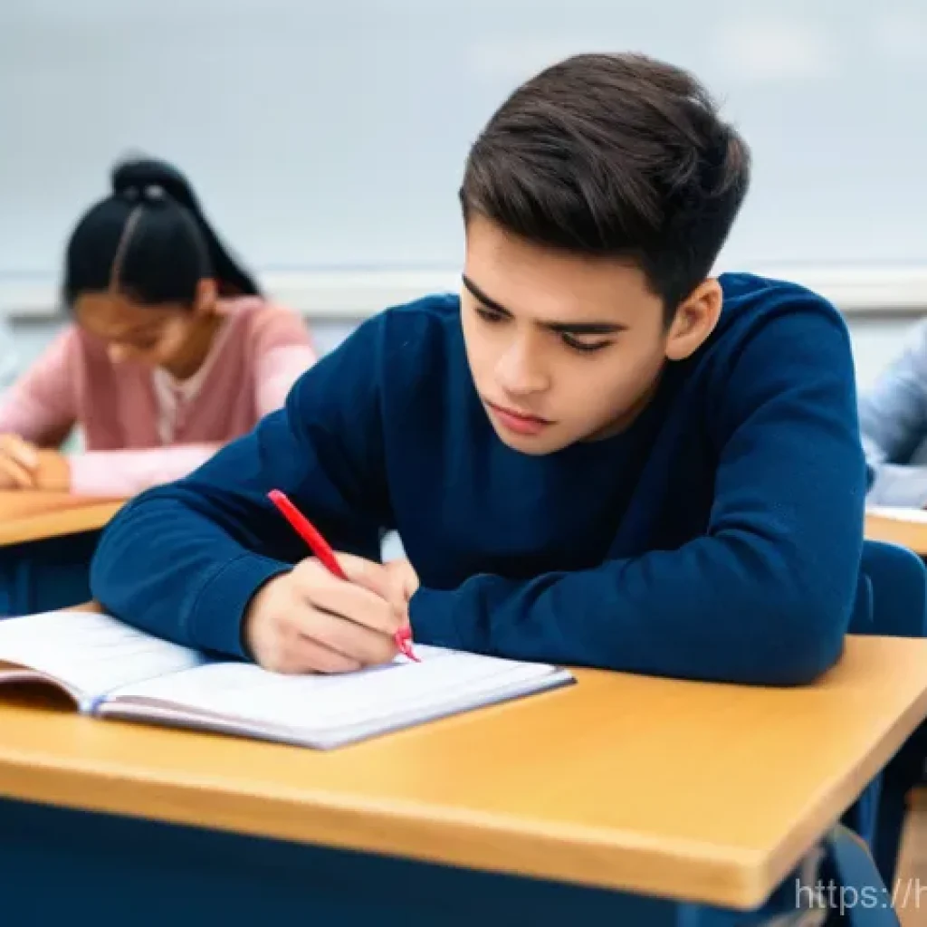 방사선사 자격시험 성적 관리 - A focused young adult, in their early twenties, seated at a study desk. They are meticulously review...