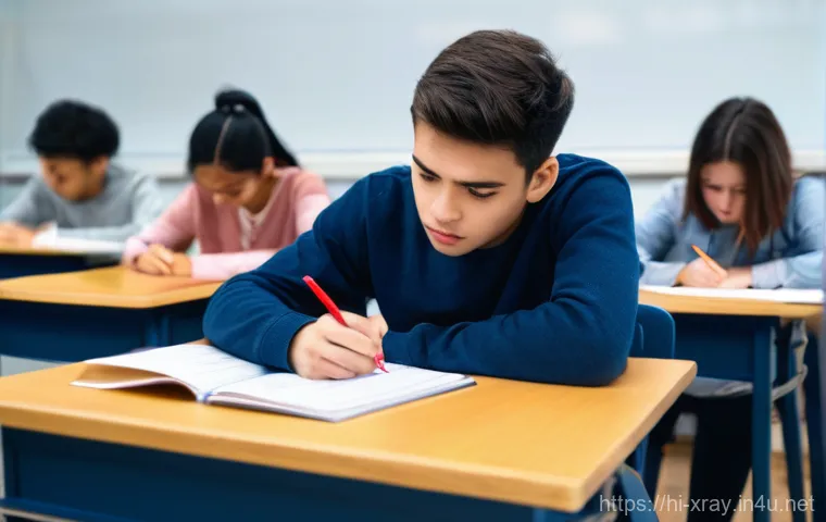 방사선사 자격시험 성적 관리 - A focused young adult, in their early twenties, seated at a study desk. They are meticulously review...