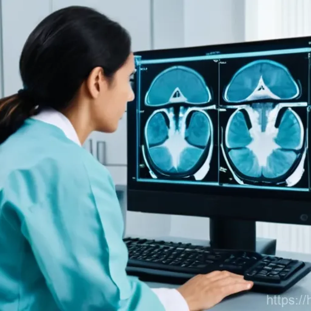 방사선사 영상 처리가 중요한 이유 - **Prompt:** "A highly skilled radiographer, a woman in her late 30s with focused eyes, wearing clean...