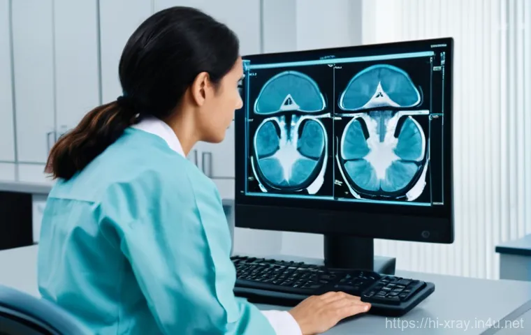 방사선사 영상 처리가 중요한 이유 - **Prompt:** "A highly skilled radiographer, a woman in her late 30s with focused eyes, wearing clean...