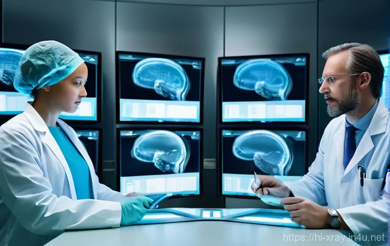 방사선사 영상 처리가 중요한 이유 - **Prompt:** "A compassionate and gentle radiographer, a man in his 40s wearing standard green medica...