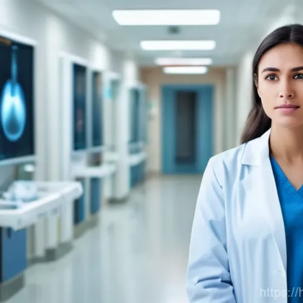 방사선사 실습 경험 공유 - **Prompt:** A young, female radiographer intern, dressed in clean, light blue medical scrubs and a w...