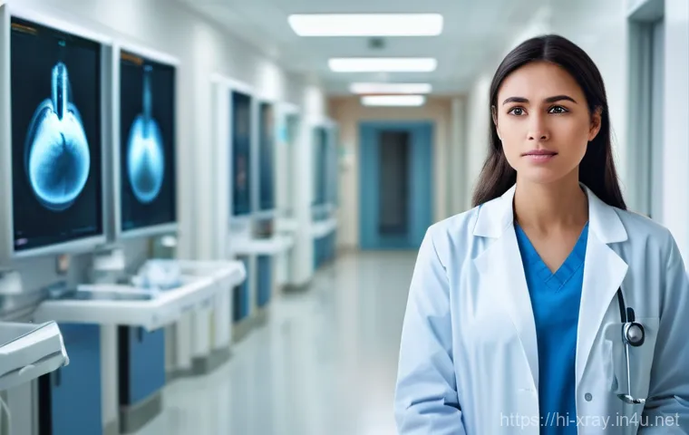 방사선사 실습 경험 공유 - **Prompt:** A young, female radiographer intern, dressed in clean, light blue medical scrubs and a w...