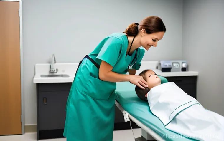 방사선사 실습 경험 공유 - **Prompt:** A young, female radiographer intern, dressed in clean, light blue medical scrubs and a w...