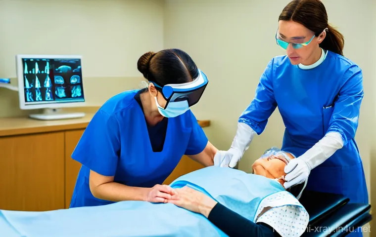방사선사 실습 경험 공유 - **Prompt:** A compassionate female radiographer, wearing a clean green scrub set and a protective le...