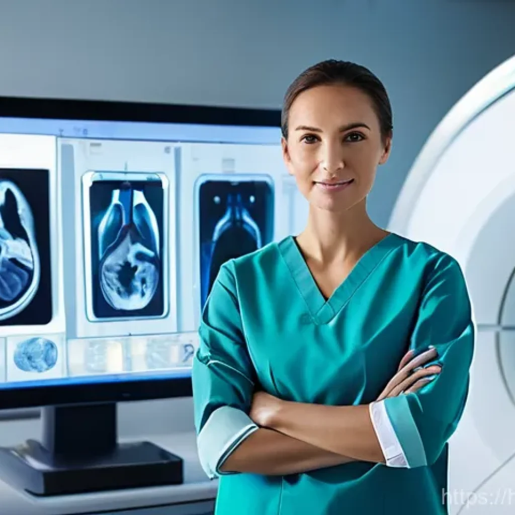 방사선사 초봉 실태 - **Prompt:** A highly skilled female radiographer, approximately 30-35 years old, wearing a crisp, mo...