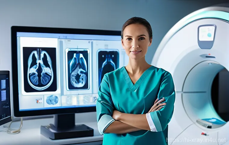 방사선사 초봉 실태 - **Prompt:** A highly skilled female radiographer, approximately 30-35 years old, wearing a crisp, mo...