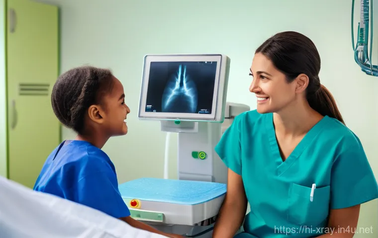 방사선사 초봉 실태 - **Prompt:** A highly skilled female radiographer, approximately 30-35 years old, wearing a crisp, mo...