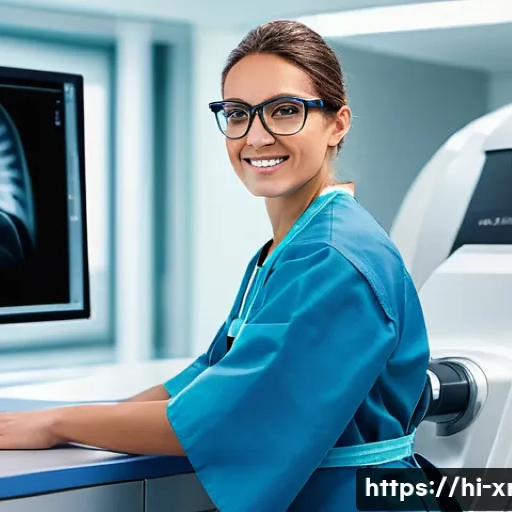 방사선사 업무 중 사고 예방 - **Prompt:** A highly skilled, diverse female radiographer, wearing a form-fitting lead apron over he...