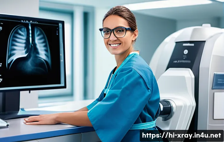 방사선사 업무 중 사고 예방 - **Prompt:** A highly skilled, diverse female radiographer, wearing a form-fitting lead apron over he...