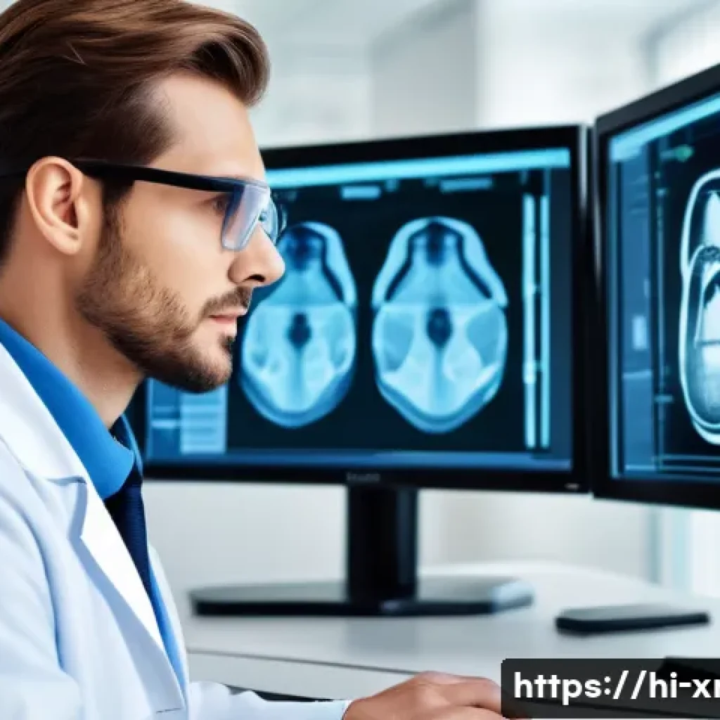 방사선사 직무교육 필요성 - A professional radiologist in a modern hospital radiology room, wearing a white lab coat and safety ...