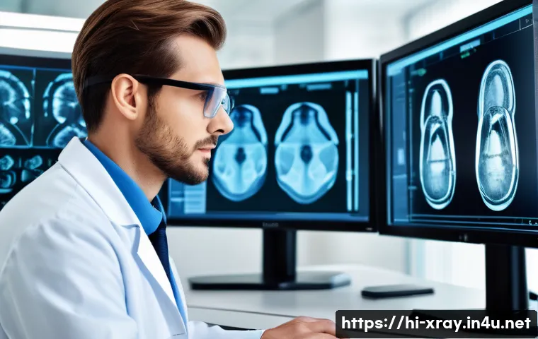 방사선사 직무교육 필요성 - A professional radiologist in a modern hospital radiology room, wearing a white lab coat and safety ...