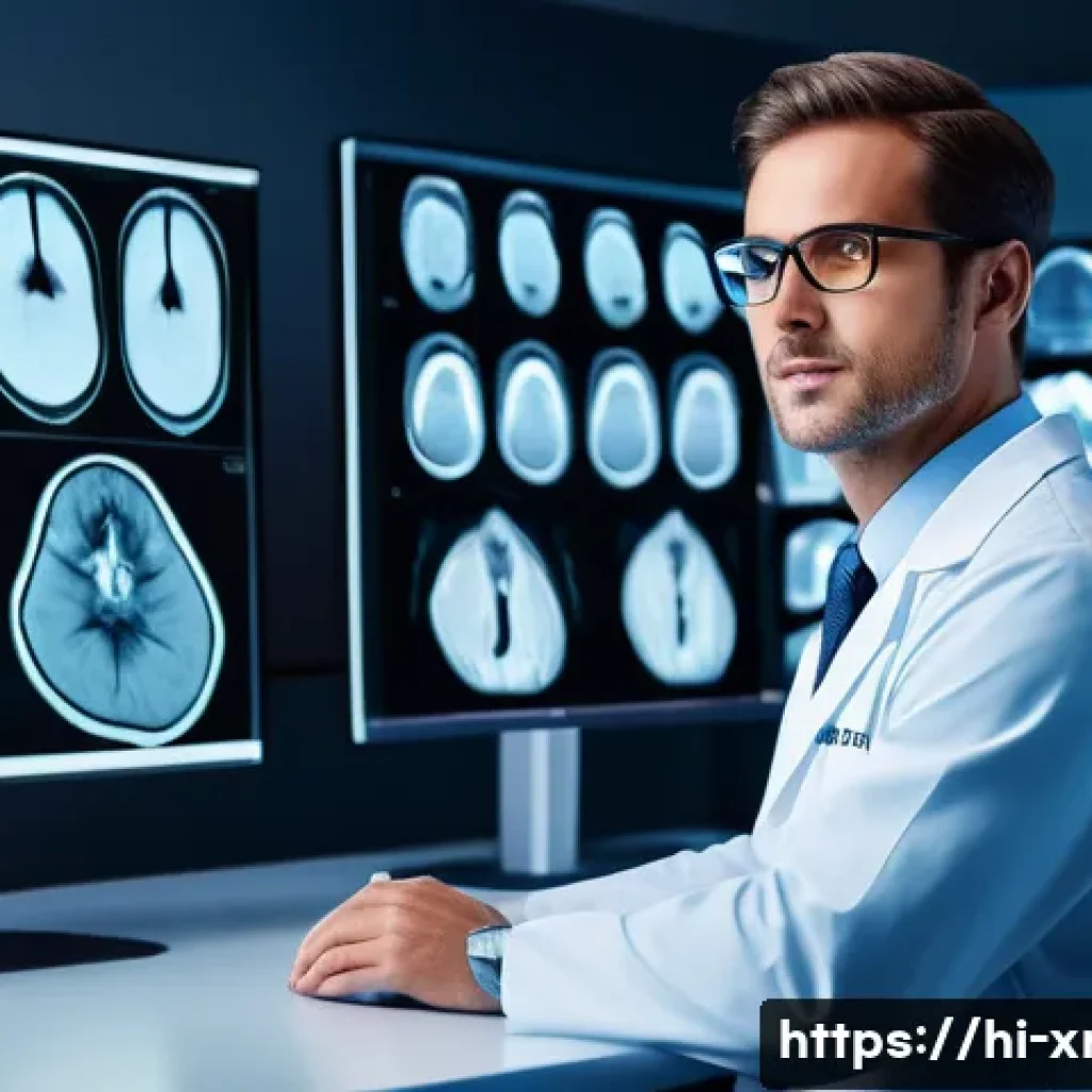 방사선사 경력 개발 방법 - A modern radiology lab scene showing a skilled radiologist wearing professional attire and glasses, ...