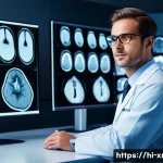 방사선사 경력 개발 방법 - A modern radiology lab scene showing a skilled radiologist wearing professional attire and glasses, ...