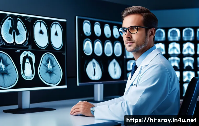 방사선사 경력 개발 방법 - A modern radiology lab scene showing a skilled radiologist wearing professional attire and glasses, ...