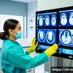 방사선사와 직무 전문성 강화 - A skilled radiology technician operating a modern MRI machine in a brightly lit hospital room, weari...