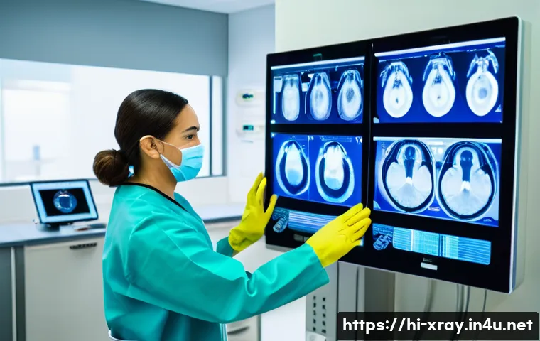 방사선사와 직무 전문성 강화 - A skilled radiology technician operating a modern MRI machine in a brightly lit hospital room, weari...