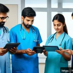 방사선사와 스마트 기기 활용 - A modern radiology clinic scene showcasing a diverse group of Indian doctors and radiologists using ...