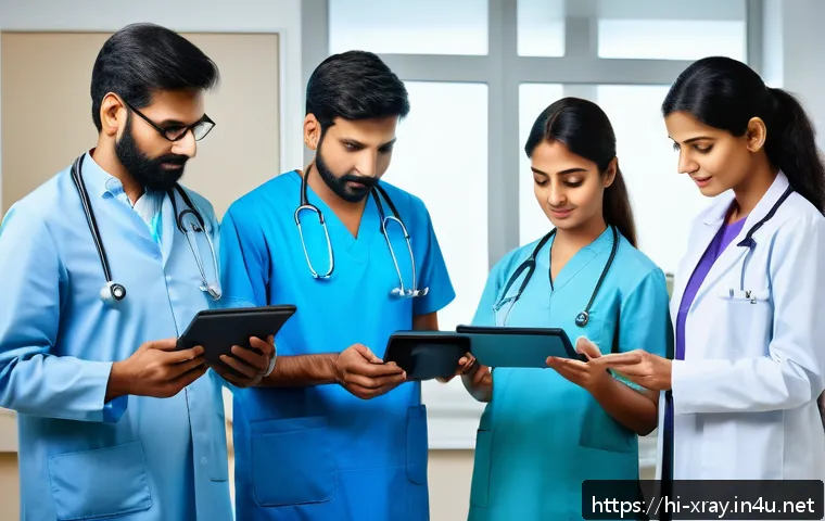 방사선사와 스마트 기기 활용 - A modern radiology clinic scene showcasing a diverse group of Indian doctors and radiologists using ...