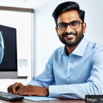 방사선사 전직 성공 사례 - A professional Indian man in his early 30s, wearing smart casual attire and glasses, sitting confide...