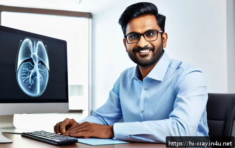 방사선사 전직 성공 사례 - A professional Indian man in his early 30s, wearing smart casual attire and glasses, sitting confide...