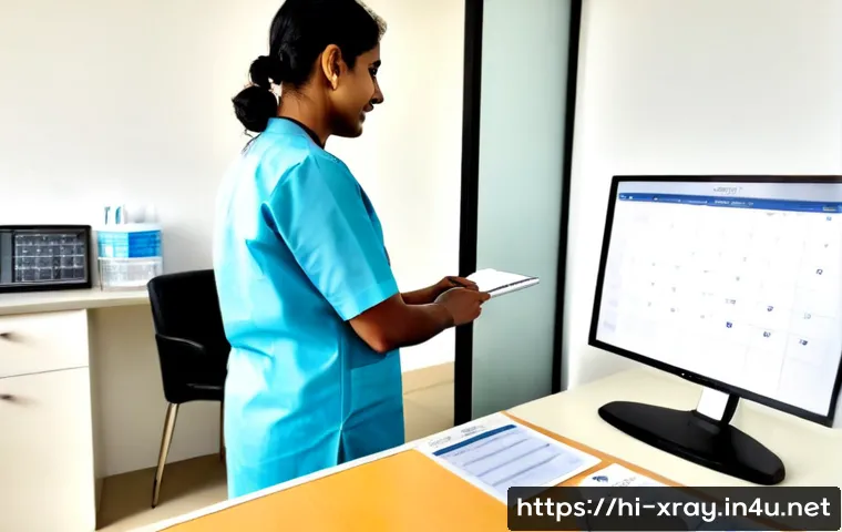 Home 17 방사선사 자격증 유효기간 관리 - Photorealistic Indian radiologic technologist in a neat hospital office, carefully organizing a prof...